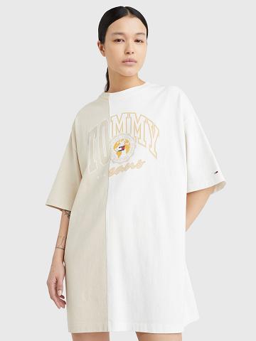 Női Tommy Hilfiger Collegiate Split Logo T-Shirt Dresses Fehér | HU 48JPQ